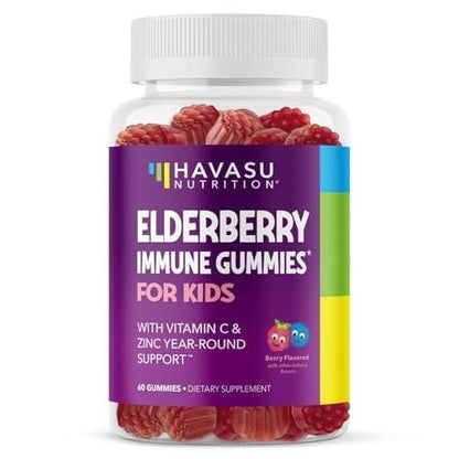 Elderberry Gummies for Kids with Zinc and Vitamin C - Immune Support Supplement for Children - 60 Count, Vegan, Berry Flavor - Convenient Daily Defense with Antioxidants and Essential Nutrients