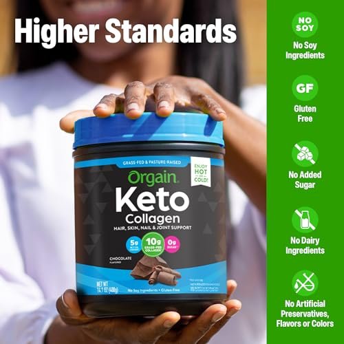 Orgain Keto Collagen Protein Powder, Chocolate - 10g Grass Fed Hydrolyzed Collagen Peptides for Women & Men, Type I & III, 5g MCT Oil - Hair, Skin, Nail, & Joint Support, Non-GMO, Gluten Free - 0.88lb - görsel 4