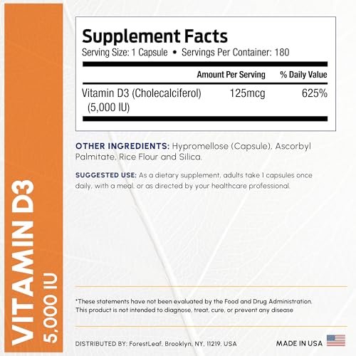 ForestLeaf Vitamin D3 5000 IU | VIT D - VIT D3 Vitamin D Supplements for Women and Men | Bone Health, Teeth and Immune Support | Easy to Swallow Pills | One Capsule Daily, 6-Month Supply, 180 Count - görsel 7