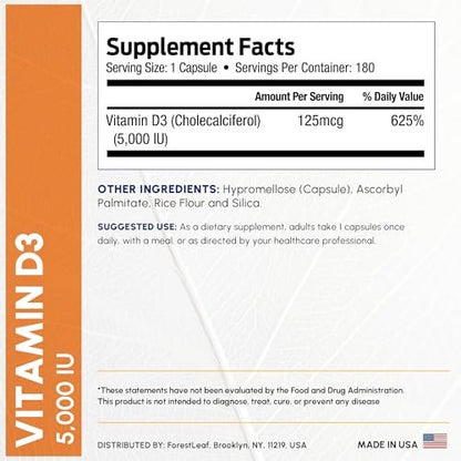 ForestLeaf Vitamin D3 5000 IU | VIT D - VIT D3 Vitamin D Supplements for Women and Men | Bone Health, Teeth and Immune Support | Easy to Swallow Pills | One Capsule Daily, 6-Month Supply, 180 Count