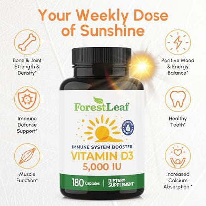 ForestLeaf Vitamin D3 5000 IU | VIT D - VIT D3 Vitamin D Supplements for Women and Men | Bone Health, Teeth and Immune Support | Easy to Swallow Pills | One Capsule Daily, 6-Month Supply, 180 Count