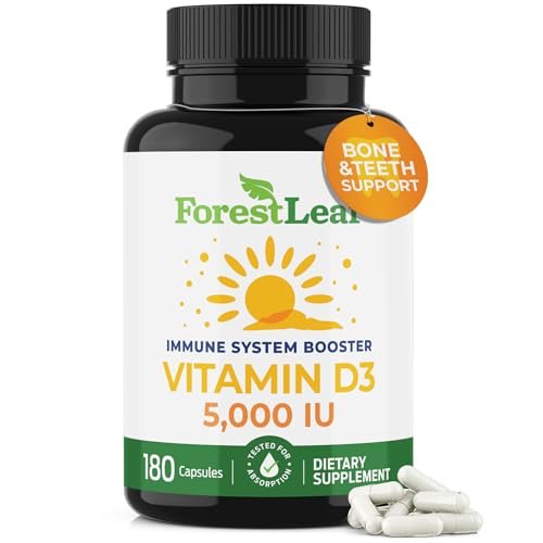 ForestLeaf Vitamin D3 5000 IU | VIT D - VIT D3 Vitamin D Supplements for Women and Men | Bone Health, Teeth and Immune Support | Easy to Swallow Pills | One Capsule Daily, 6-Month Supply, 180 Count - görsel 1