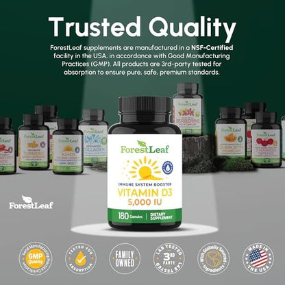ForestLeaf Vitamin D3 5000 IU | VIT D - VIT D3 Vitamin D Supplements for Women and Men | Bone Health, Teeth and Immune Support | Easy to Swallow Pills | One Capsule Daily, 6-Month Supply, 180 Count