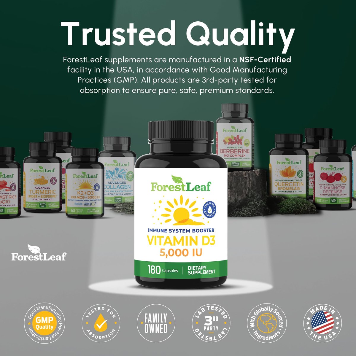 ForestLeaf Vitamin D3 5000 IU | VIT D - VIT D3 Vitamin D Supplements for Women and Men | Bone Health, Teeth and Immune Support | Easy to Swallow Pills | One Capsule Daily, 6-Month Supply, 180 Count - görsel 14