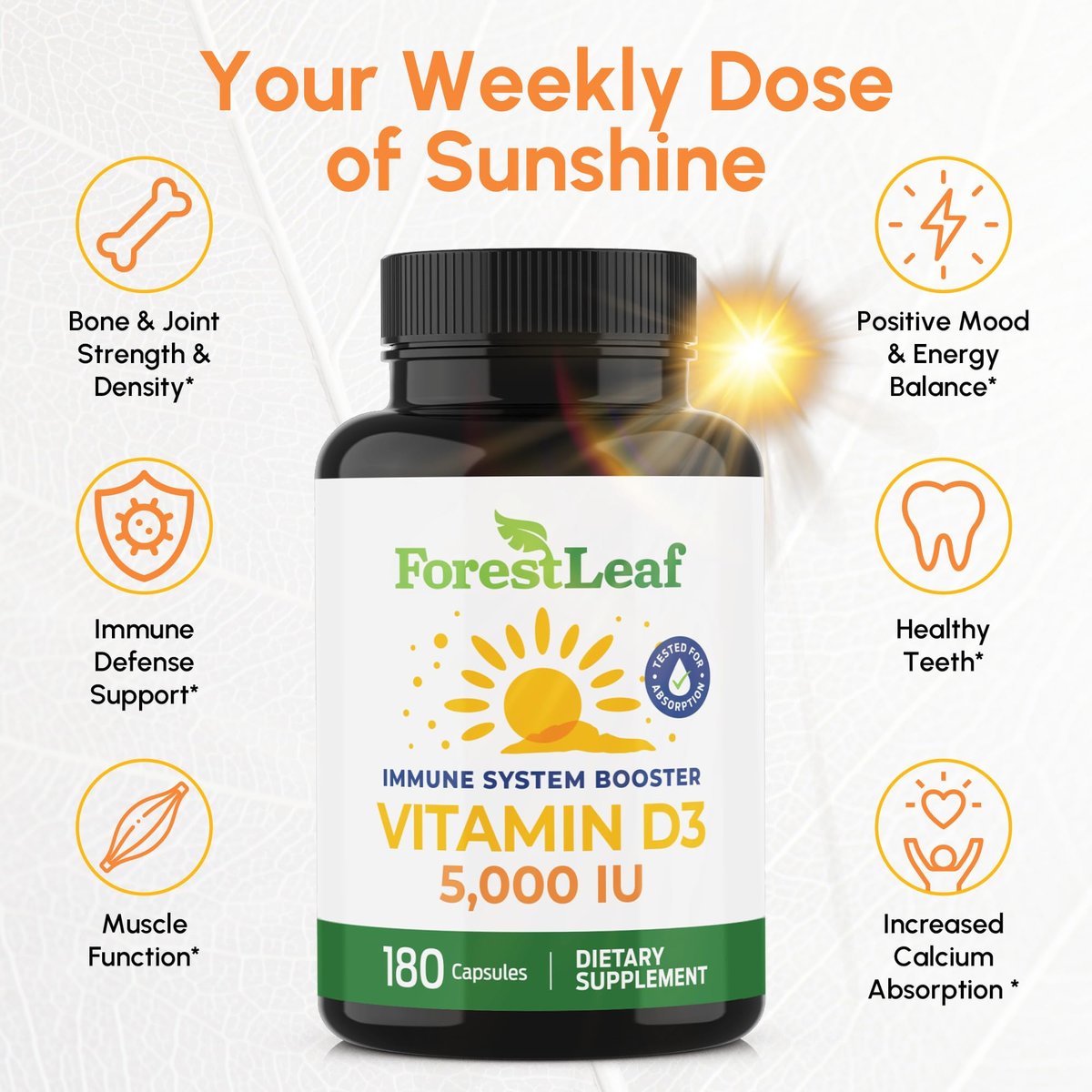 ForestLeaf Vitamin D3 5000 IU | VIT D - VIT D3 Vitamin D Supplements for Women and Men | Bone Health, Teeth and Immune Support | Easy to Swallow Pills | One Capsule Daily, 6-Month Supply, 180 Count - görsel 4