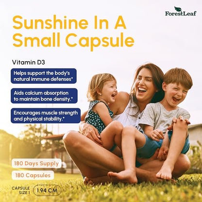 ForestLeaf Vitamin D3 5000 IU | VIT D - VIT D3 Vitamin D Supplements for Women and Men | Bone Health, Teeth and Immune Support | Easy to Swallow Pills | One Capsule Daily, 6-Month Supply, 180 Count