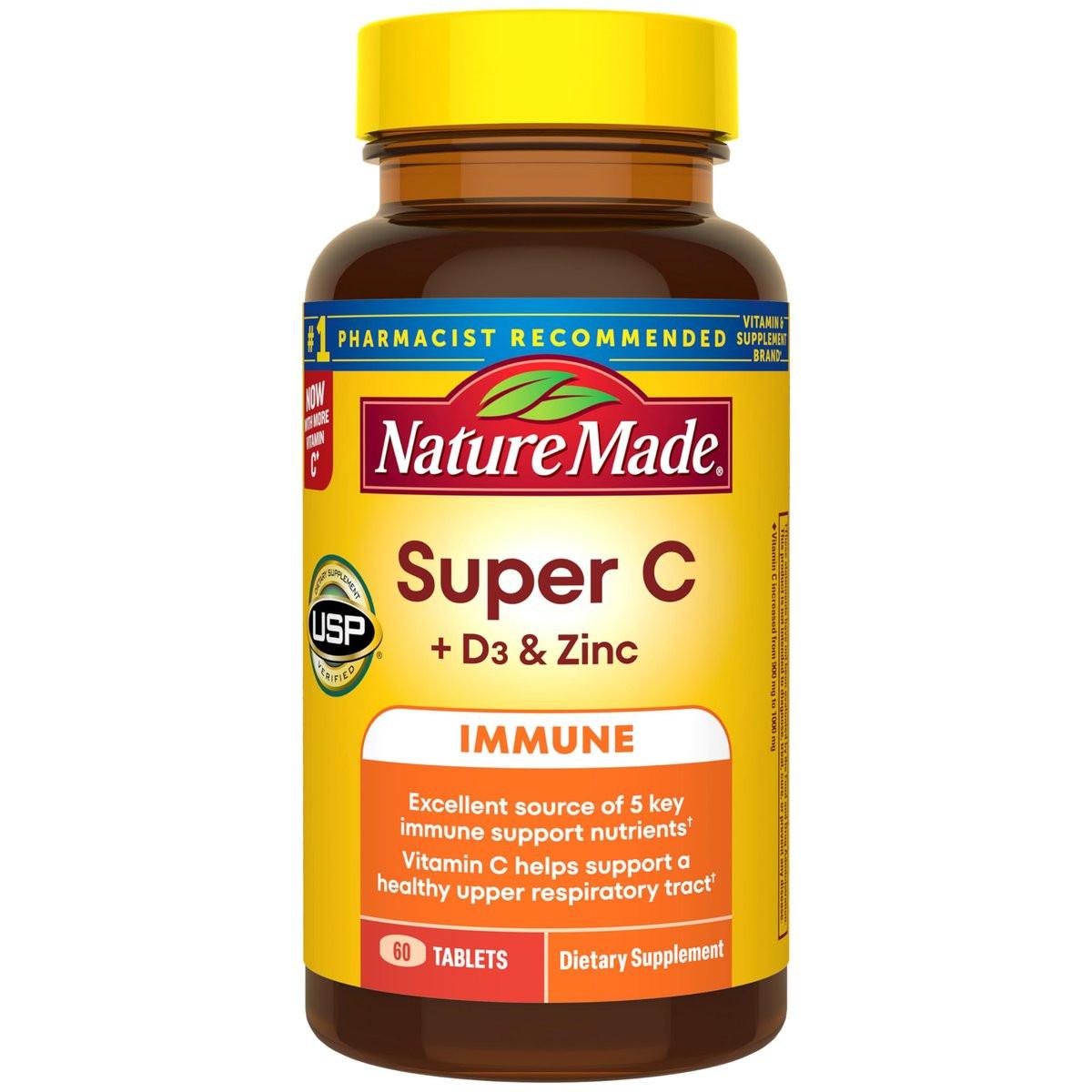 Nature Made Super C Tablets with Vitamin D3 and Zinc, Adult Vitamin C Immune Support Supplement, 60 Tablets for Daily Immune Support, 60 Day Supply - görsel 1