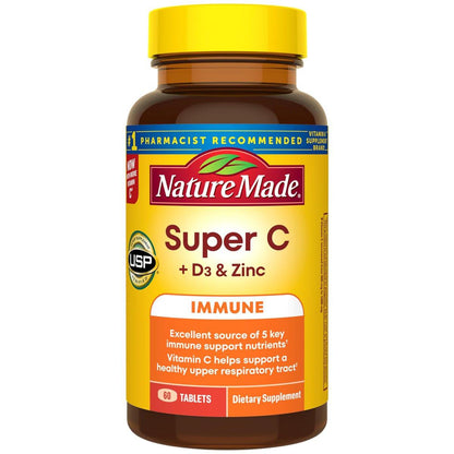 Nature Made Super C Tablets with Vitamin D3 and Zinc, Adult Vitamin C Immune Support Supplement, 60 Tablets for Daily Immune Support, 60 Day Supply