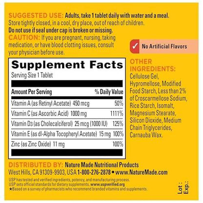 Nature Made Super C Tablets with Vitamin D3 and Zinc, Adult Vitamin C Immune Support Supplement, 60 Tablets for Daily Immune Support, 60 Day Supply