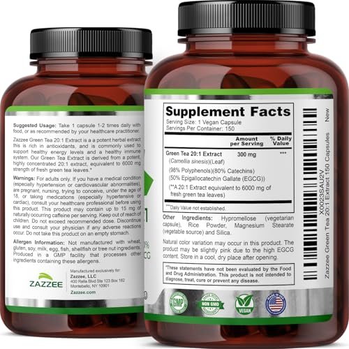 Zazzee Extra Strength Green Tea 20:1 Extract, 50% EGCG, 98% Polyphenols, 80% Catechins, 150 Vegan Capsules, 5 Month Supply, Certified Kosher, Antioxidant & Metabolism Support, Non-GMO, Made in the USA - görsel 16