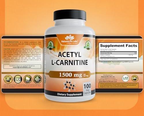 NaturaLife Labs Acetyl L-Carnitine (ALCAR) 1500 mg per Serving – 100 Capsules – Non-GMO, Gluten-Free, Vegan - görsel 1