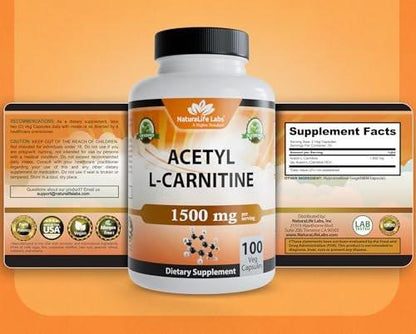 NaturaLife Labs Acetyl L-Carnitine (ALCAR) 1500 mg per Serving – 100 Capsules – Non-GMO, Gluten-Free, Vegan