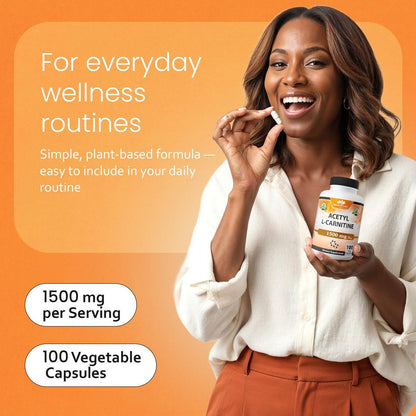 NaturaLife Labs Acetyl L-Carnitine (ALCAR) 1500 mg per Serving – 100 Capsules – Non-GMO, Gluten-Free, Vegan