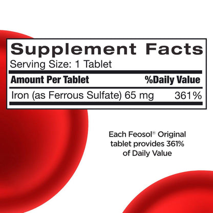Feosol Original Iron Supplements for Men, Women & Children Over 12, Non-Heme, 65mg Iron Per Pill, 1 Per Day, 240ct, 4 Month Supply, for Energy and Immune System Support, Made in USA