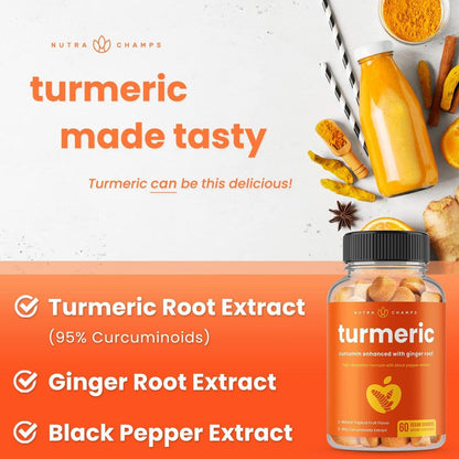 NutraChamps Turmeric Gummies for Adults & Kids with Ginger & Black Pepper Extract, 95% Curcuminoids, Vegan Natural Curcumin Joint Support Supplement, Tumeric Gummy Supplements