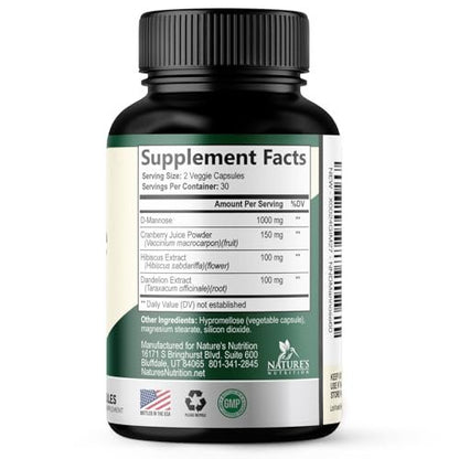 D-Mannose 1000mg Per Serving - Cranberry & Hibiscus - Effective Fast-Acting, Flush The Impurities for Bladder, Urinary Tract Health Support Supplement, for Women and Men, USA Bottled - 60 Capsules