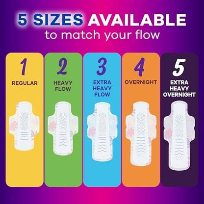Always Radiant Flexfoam Pads for Women, Size 5, Extra Heavy Overnight Absorbency, With Wings, Scented, 18 Count