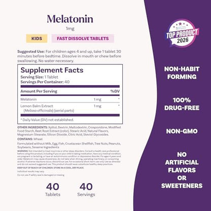 Natrol Kids Fast Dissolve Melatonin 1 mg, Dietary Supplement for Restful Sleep, Sleep Tablets for Kids, 30 Strawberry-Flavored Melatonin Tablets, 30 Day Supply
