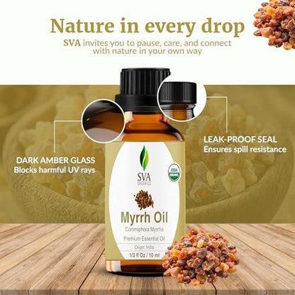 SVA Myrrh Essential Oil Organic – 1/3 Fl Oz – 100% Natural Organic Myrrh Oil - for Diffuser, Hair Care, Face, Skin Care, Aromatherapy, Scalp and Body Massage, Soap and Candle Making