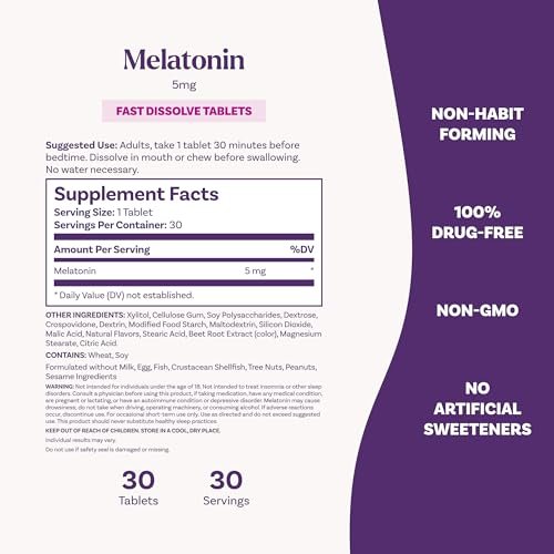 Natrol Fast Dissolve Melatonin 5 mg, Melatonin Supplements for Restful Sleep, Sleep Support for Adults, 30 Strawberry-Flavored Tablets, Up to a 30 Day Supply - görsel 1
