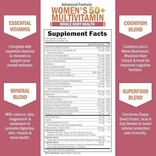 Daily Multivitamin for Women 50 & Over – Memory Support Supplement – Promotes Stress Reduction & Healthy Immune Response – Women's Multivitamin Supplement Designed for Stomach Comfort - 60 Capsules - görsel 8