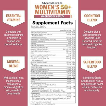 Daily Multivitamin for Women 50 & Over – Memory Support Supplement – Promotes Stress Reduction & Healthy Immune Response – Women's Multivitamin Supplement Designed for Stomach Comfort - 60 Capsules