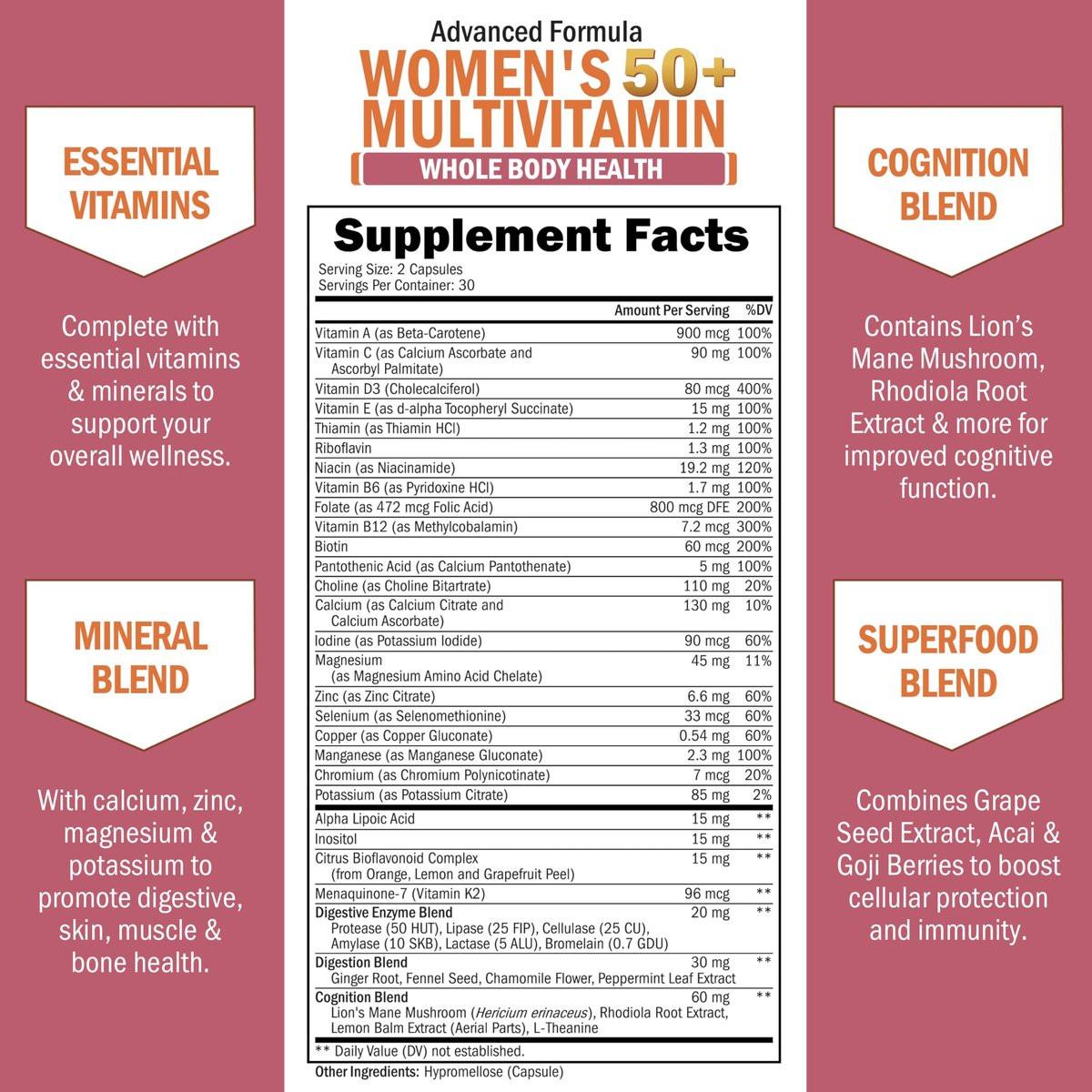 Daily Multivitamin for Women 50 & Over – Memory Support Supplement – Promotes Stress Reduction & Healthy Immune Response – Women's Multivitamin Supplement Designed for Stomach Comfort - 60 Capsules - görsel 7