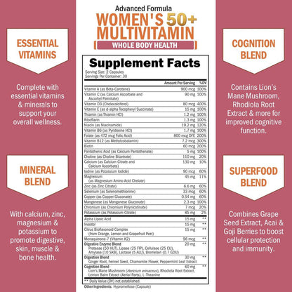 Daily Multivitamin for Women 50 & Over – Memory Support Supplement – Promotes Stress Reduction & Healthy Immune Response – Women's Multivitamin Supplement Designed for Stomach Comfort - 60 Capsules