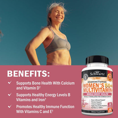 Daily Multivitamin for Women 50 & Over – Memory Support Supplement – Promotes Stress Reduction & Healthy Immune Response – Women's Multivitamin Supplement Designed for Stomach Comfort - 60 Capsules