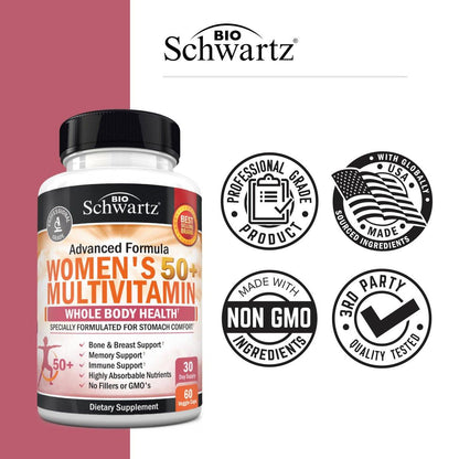 Daily Multivitamin for Women 50 & Over – Memory Support Supplement – Promotes Stress Reduction & Healthy Immune Response – Women's Multivitamin Supplement Designed for Stomach Comfort - 60 Capsules