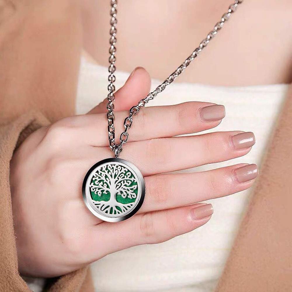 Aromatherapy Essential Oil Diffuser Necklace Tree of Life Pattern Stainless Steel Locket Pendant - görsel 1
