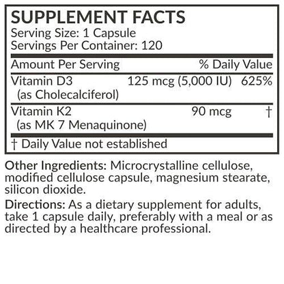Futurebiotics Vitamin K2 (MK7) with D3 Supplement - Non-GMO Formula - 5000 IU Vitamin D3 & 90 mcg Vitamin K2 MK-7, 120 Vegetarian Capsules