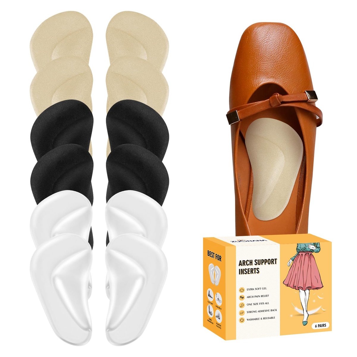 ZUCNANA Arch Support Inserts for Women Flat Feet (12 Pieces) - Soft Gel Arch Support Insoles for Plantar Fasciitis, Reusable Arch Pads for Foot Pain Relief, One Size Fits Any - görsel 1