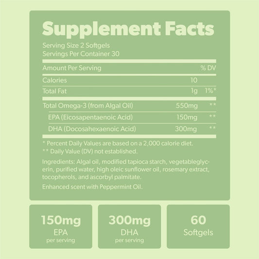 Vegan Omega 3 Supplement - Plant Based DHA & EPA Fatty Acids - Carrageenan Free, Alternative to Fish Oil, Supports Heart, Brain, Joint Health - Sustainably Sourced Algae - 60 Softgels