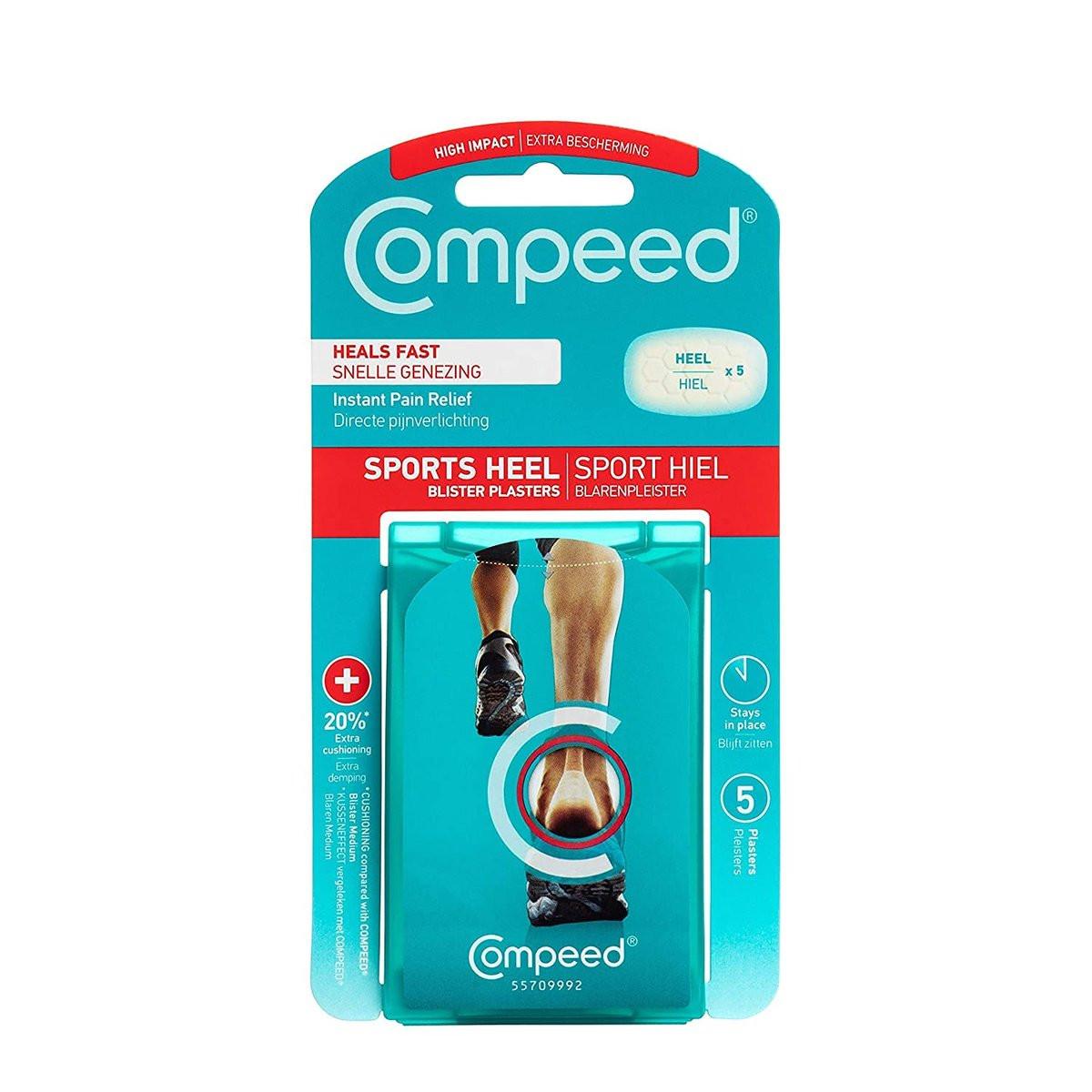 Compeed Advanced Blister Care Pads, Hydrocolloid Gel Cushions for Instant Pain Relief and Faster Healing, Sports Medium Heel, 5 Count (2 Packs) - görsel 1