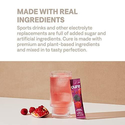 Cure Hydration | Plant-Based Electrolyte Drink Mix | No Added Sugar | FSA-HSA | Dehydration Relief Powder Made with Coconut Water | Non-GMO | Vegan | Box of 8 Packets - Berry Pomegranate