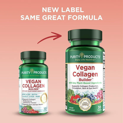 Vegan Collagen Builder - Organic Whole Foods Fruits + Veg, Silica, Lutein, Vitamin C, Biotin, Grape Seed - Amino Acids Glycine, Lysine + Proline Collagen Boosters (30 Servings, Tablets)