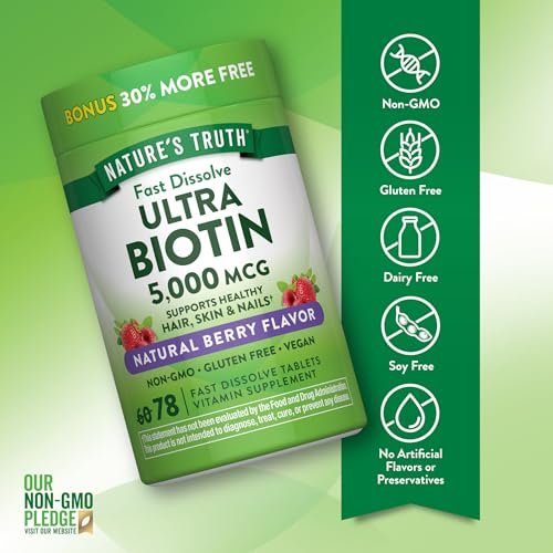 Nature's Truth Biotin 5000mcg | 78 Fast Dissolve Tablets | Natural Berry Flavor | Vegan, Non-GMO & Gluten Free - görsel 5