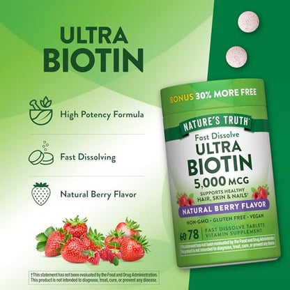 Nature's Truth Biotin 5000mcg | 78 Fast Dissolve Tablets | Natural Berry Flavor | Vegan, Non-GMO & Gluten Free