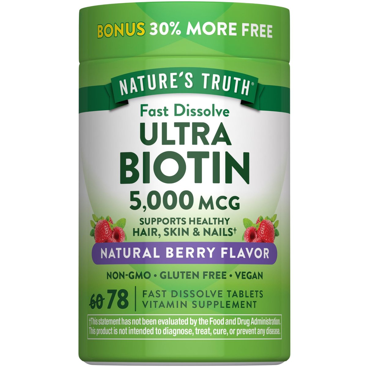 Nature's Truth Biotin 5000mcg | 78 Fast Dissolve Tablets | Natural Berry Flavor | Vegan, Non-GMO & Gluten Free - görsel 2