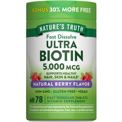 Nature's Truth Biotin 5000mcg | 78 Fast Dissolve Tablets | Natural Berry Flavor | Vegan, Non-GMO & Gluten Free