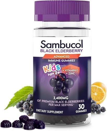 Sambucol Black Elderberry Gummies for Kids - Elderberry Gummies with Zinc and Vitamin C, Chewable Supplement for Kids, Low Sugar, Berry Flavor - 30 Count