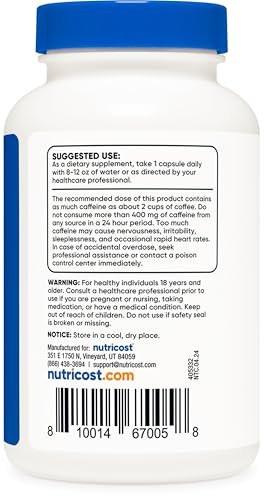 Nutricost Natural Caffeine 200mg, 250 Vegetarian Capsules - Gluten Free, Non-GMO