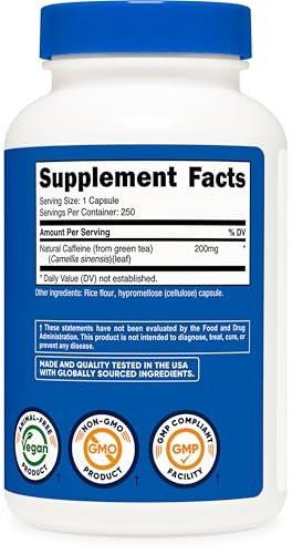 Nutricost Natural Caffeine 200mg, 250 Vegetarian Capsules - Gluten Free, Non-GMO