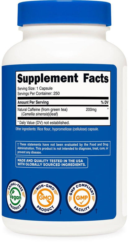 Nutricost Natural Caffeine 200mg, 250 Vegetarian Capsules - Gluten Free, Non-GMO