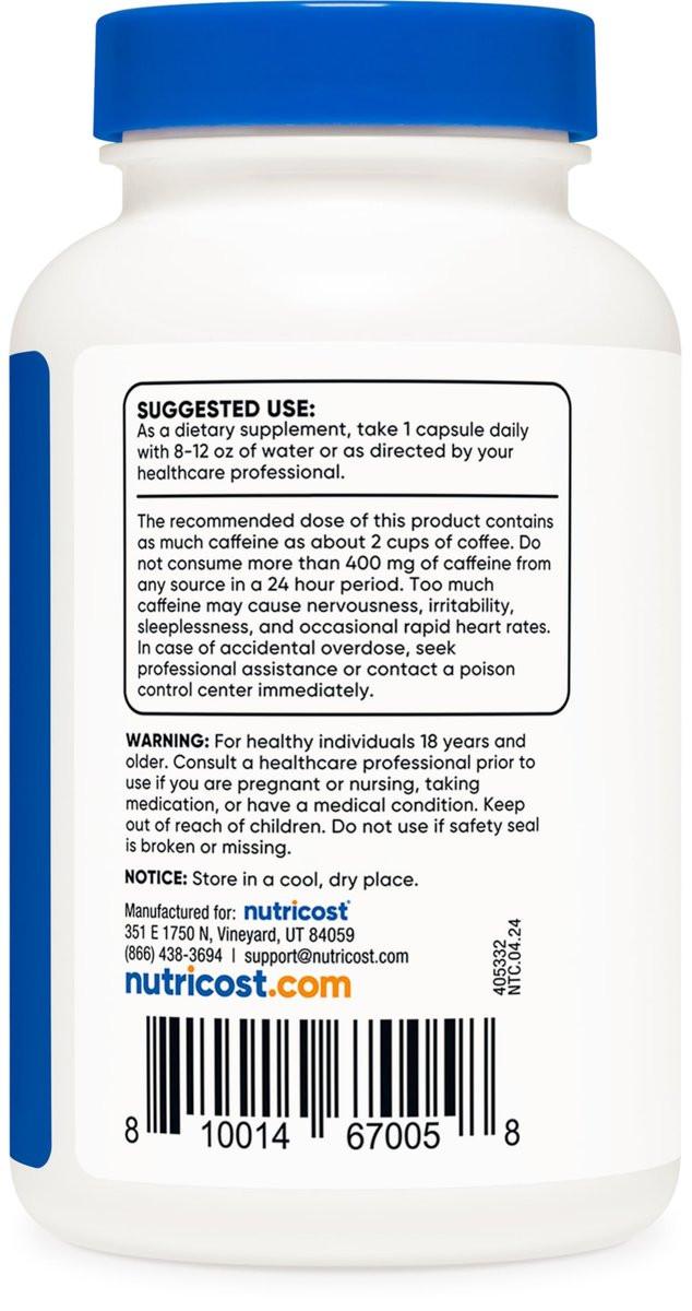Nutricost Natural Caffeine 200mg, 250 Vegetarian Capsules - Gluten Free, Non-GMO - görsel 7