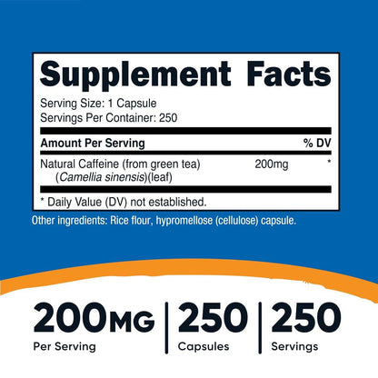 Nutricost Natural Caffeine 200mg, 250 Vegetarian Capsules - Gluten Free, Non-GMO