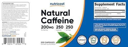 Nutricost Natural Caffeine 200mg, 250 Vegetarian Capsules - Gluten Free, Non-GMO