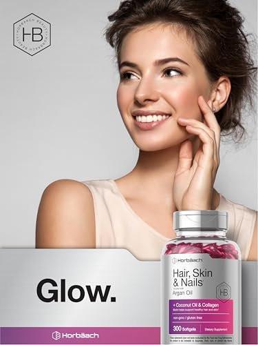 Horbäach Hair Skin and Nails Vitamins | 300 Softgels | with Biotin and Collagen | Infused with Argan Oil and Coconut Oil | Non-GMO, Gluten Free Supplement