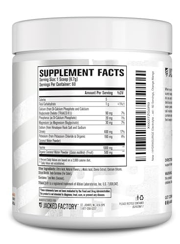 Jacked Factory HYDRASURGE Electrolyte Powder - Hydration Supplement with Key Minerals, Himalayan Sea Salt, Coconut Water - Keto Friendly, Sugar Free, Naturally Sweetened - 60 Servings, Orange Mango